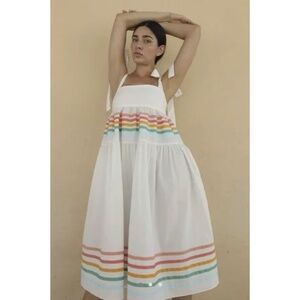 Paper London | Laura Midi Dress | Size 2 US (6 UK) | White / Rainbow Stripe